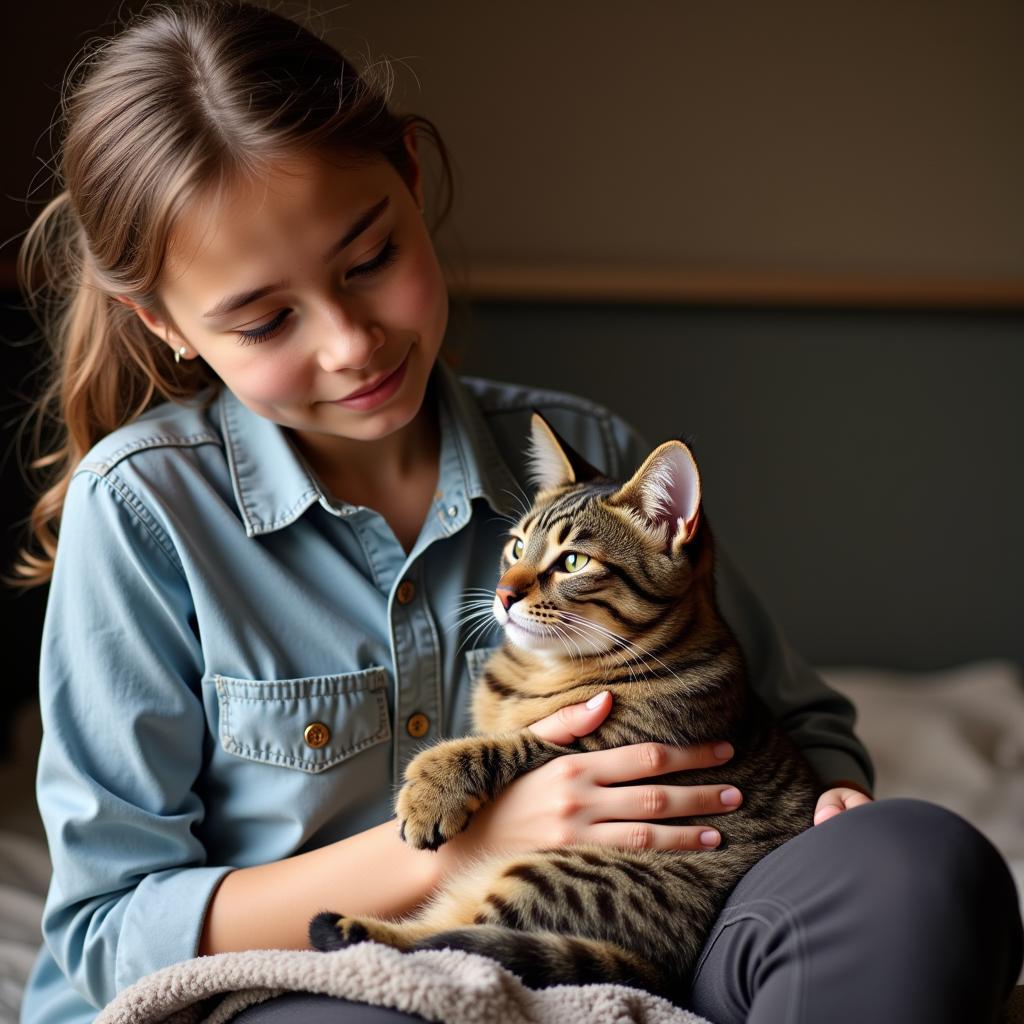 Volunteer Comforting a Cat at an Animal Shelter