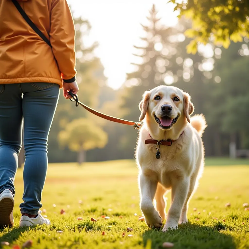 Volunteer enjoys walking a happy dog from the Humane Society