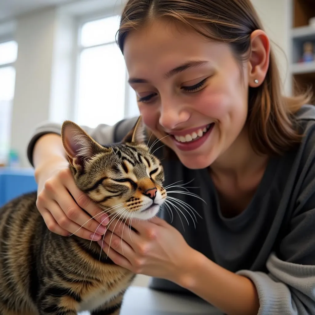 A volunteer smiles while petting a cat at the Gulf Coast Humane Society