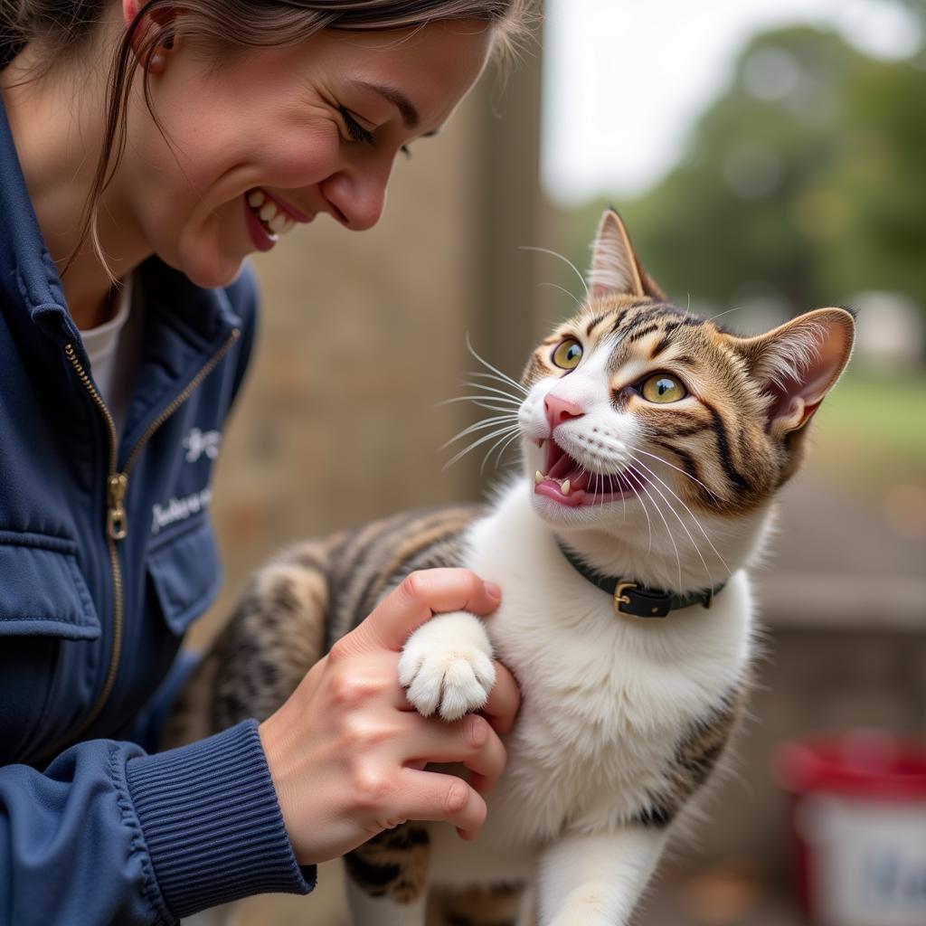 Volunteer engaging playfully with a cat at the Benton Franklin Humane Society