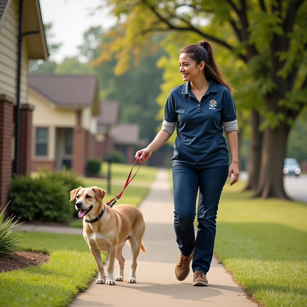 A volunteer enjoys a sunny walk with a happy dog at the Bartow County Humane Society. 