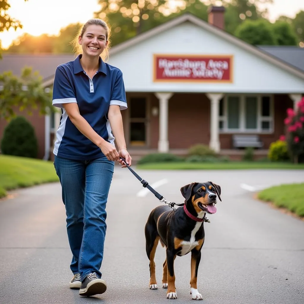 A volunteer joyfully walks a happy dog outside the Harrisburg Area Humane Society