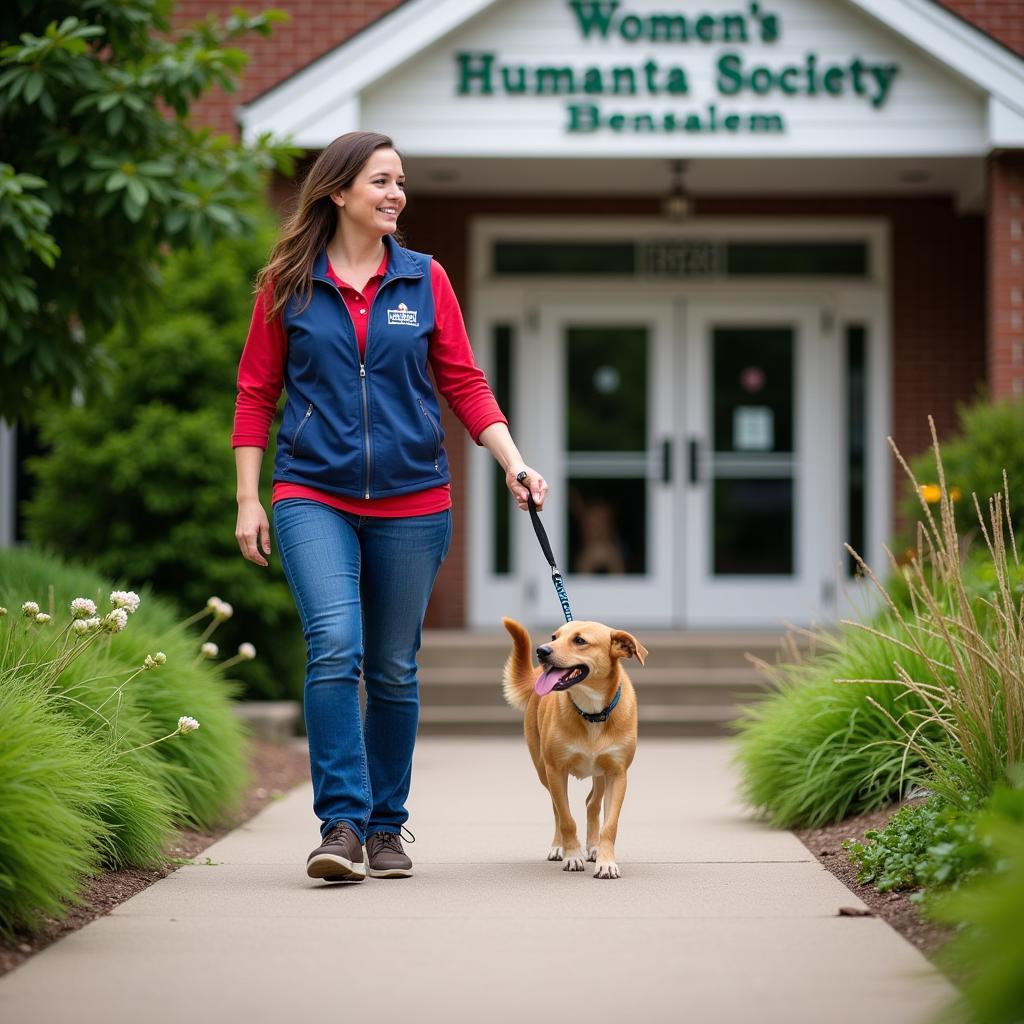 Volunteer walking a dog outside the Women's Humane Society Bensalem