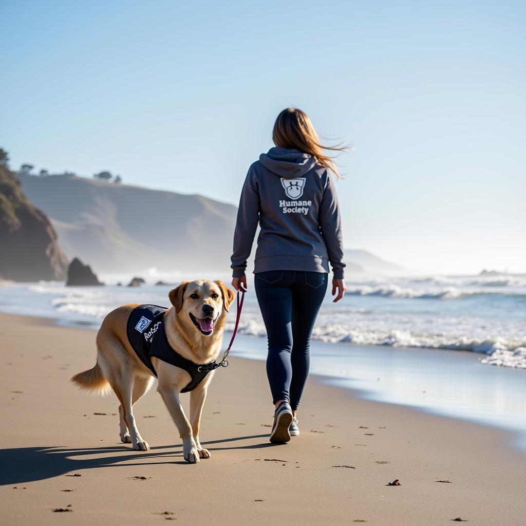  A volunteer enjoys a sunny beach walk with a shelter dog at the Humane Society of the Treasure Coast.