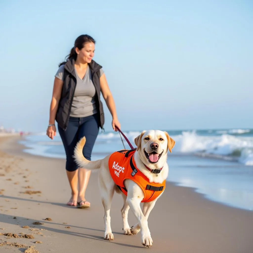 Volunteer Walking a Dog on the Beach 