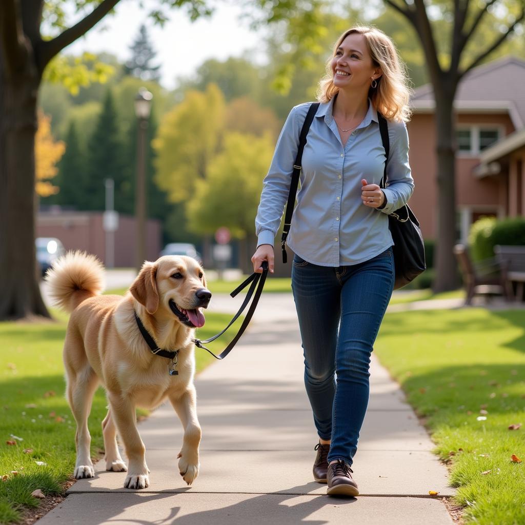 Volunteer walking a dog at the Humane Society