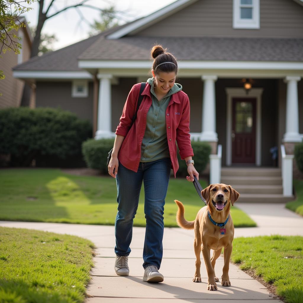 A dedicated volunteer walks a happy dog outside the Humane Society of Central Texas in Waco.