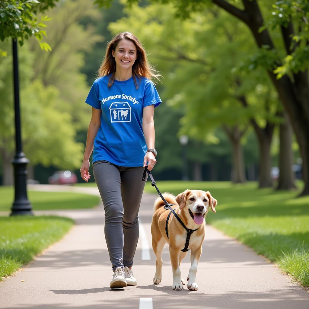 A volunteer enjoys a sunny day while walking a dog from the Humane Society of Pittsburgh North Side through a park.