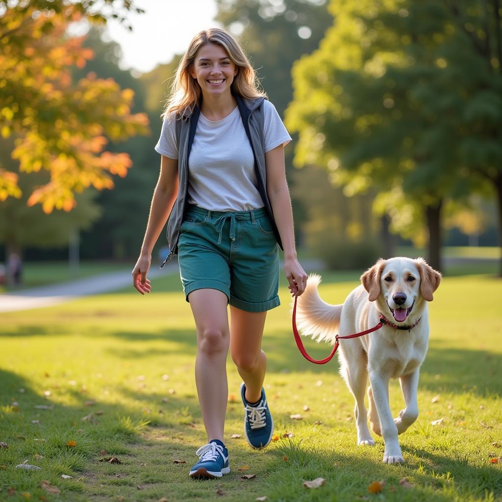 A volunteer enjoys a sunny day walking a dog from the Gallatin TN Humane Society in a local park