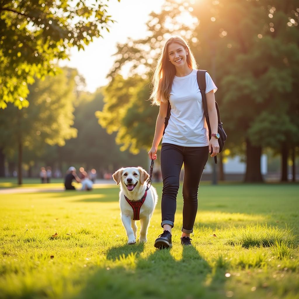 Volunteer walking a dog in a park