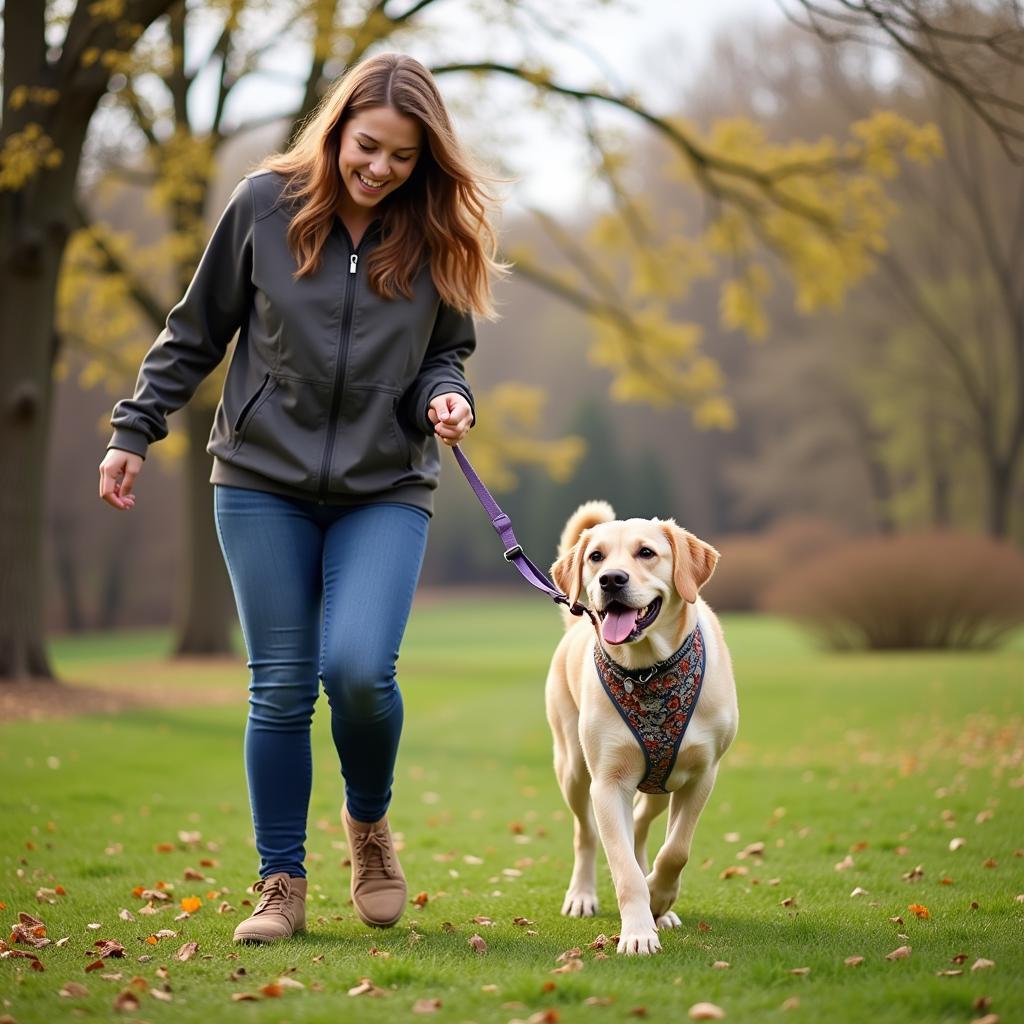 Volunteer walking a happy dog from the Xenia Humane Society