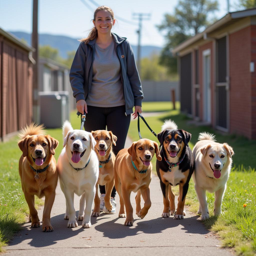 A volunteer walks a group of happy dogs outside the Caroline County Humane Society