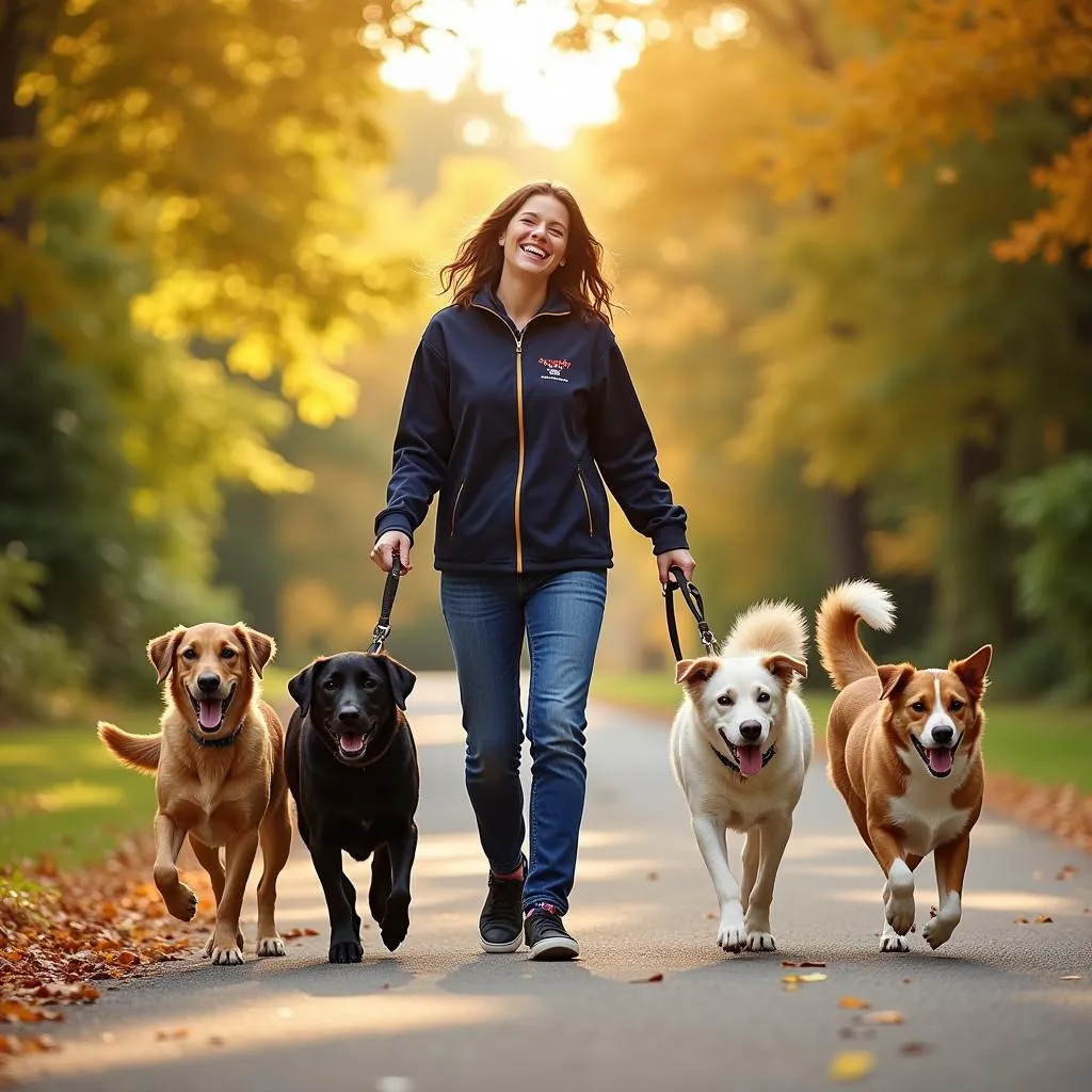 Volunteer enjoys a sunny day walking dogs at the Humane Society of Seneca County