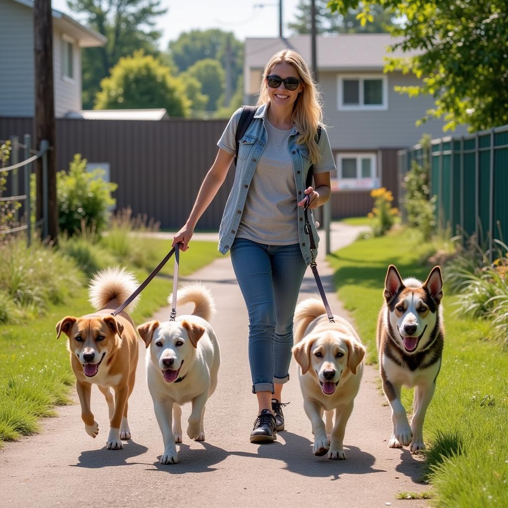 A volunteer happily walks dogs from the Newton County Humane Society.