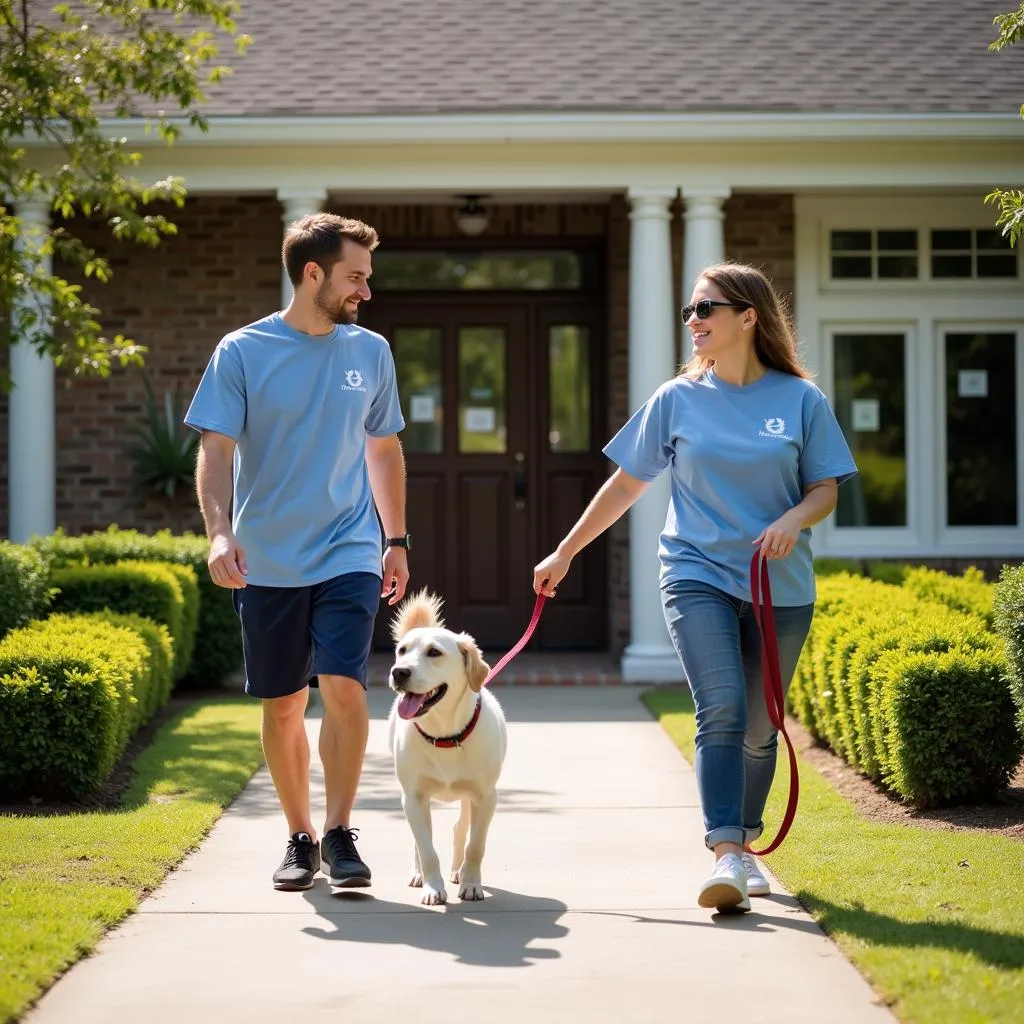 Volunteer happily walking a dog outside the Humane Society Pensacola