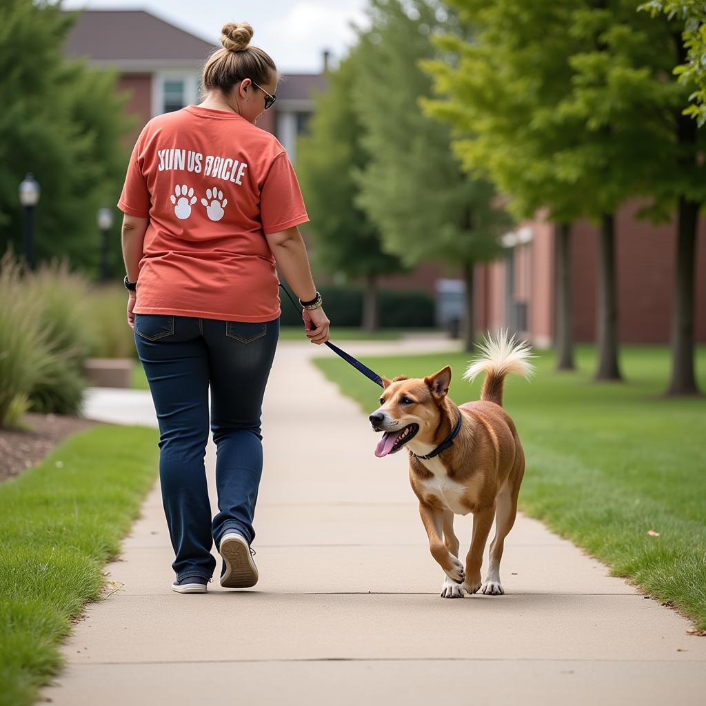 A volunteer happily walks a dog at the Humane Society Edgewater FL