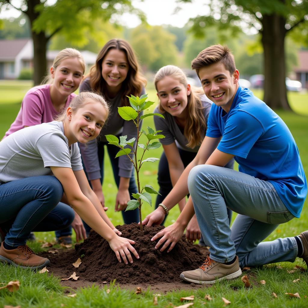  A group of volunteers of different ages and backgrounds working together on a community project, symbolizing collective action for peace.