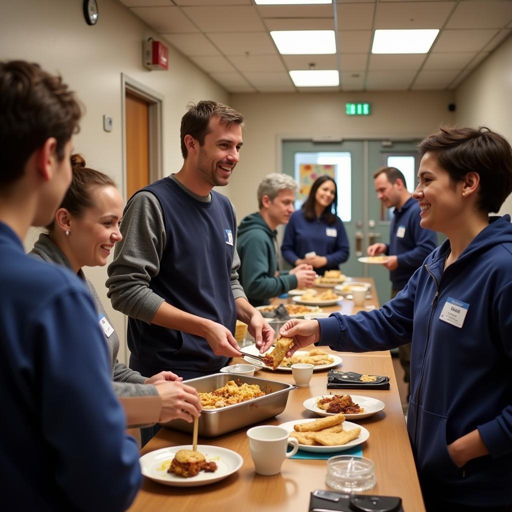 Volunteers serving meals at a local homeless shelter