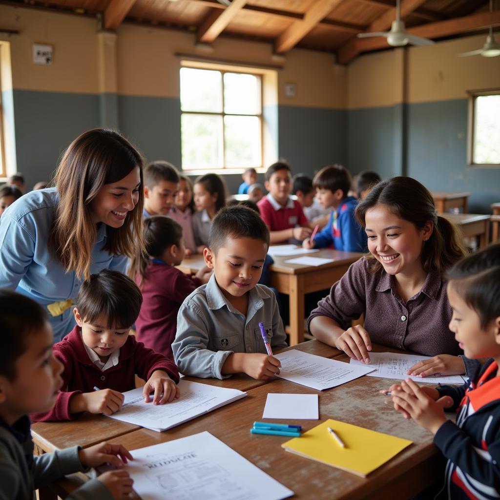 Volunteers supporting an educational initiative in a remote village