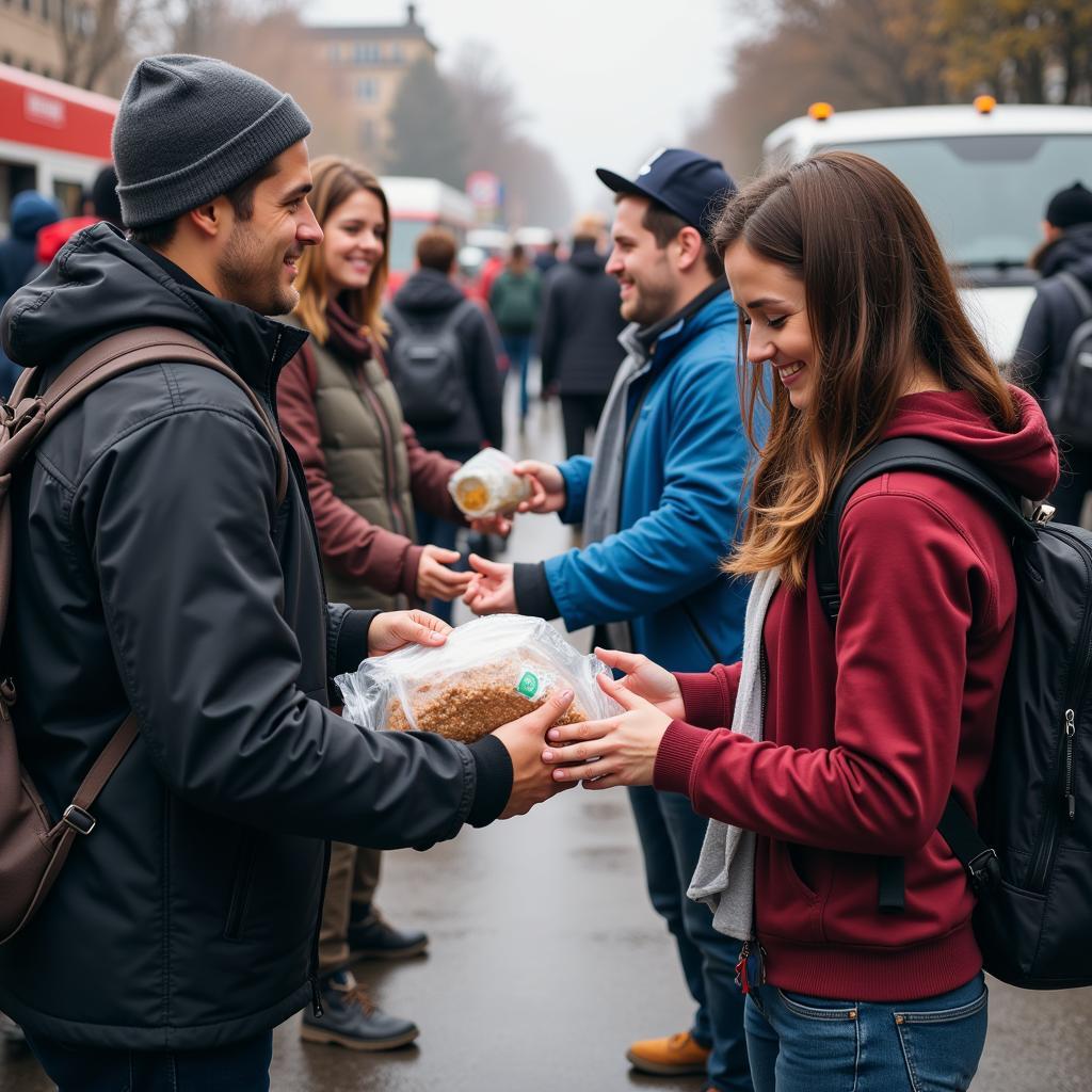 Volunteers distributing food, water, and blankets to homeless travelers