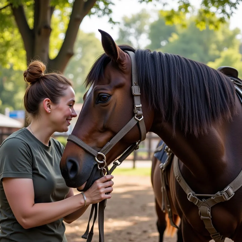 A group of volunteers joyfully groom a horse at a peaceful sanctuary