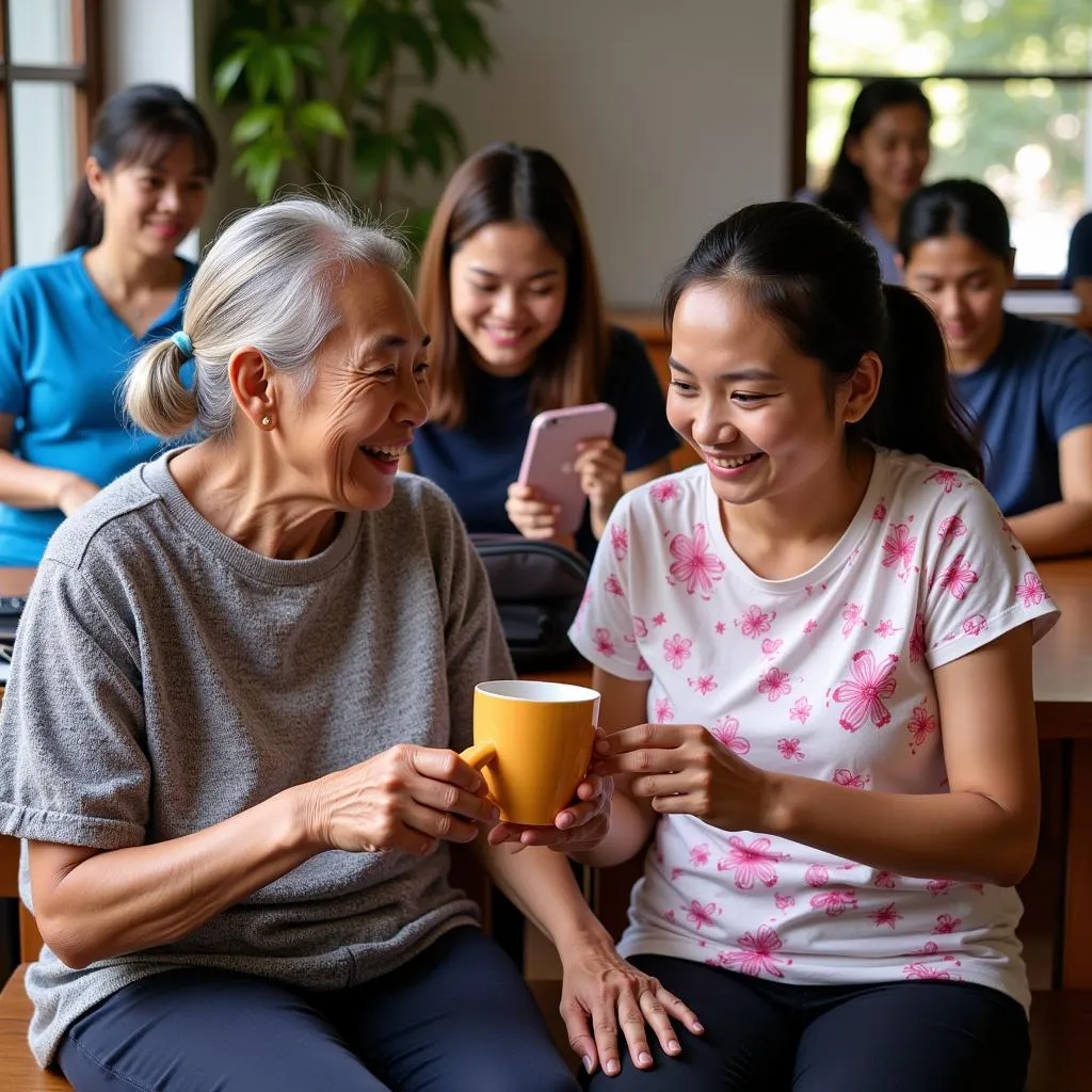 Volunteers helping elderly Thai people