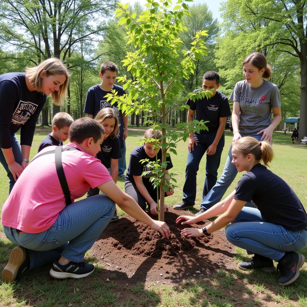 Volunteers working together to plant trees during a Pittsburgh Zoo community event