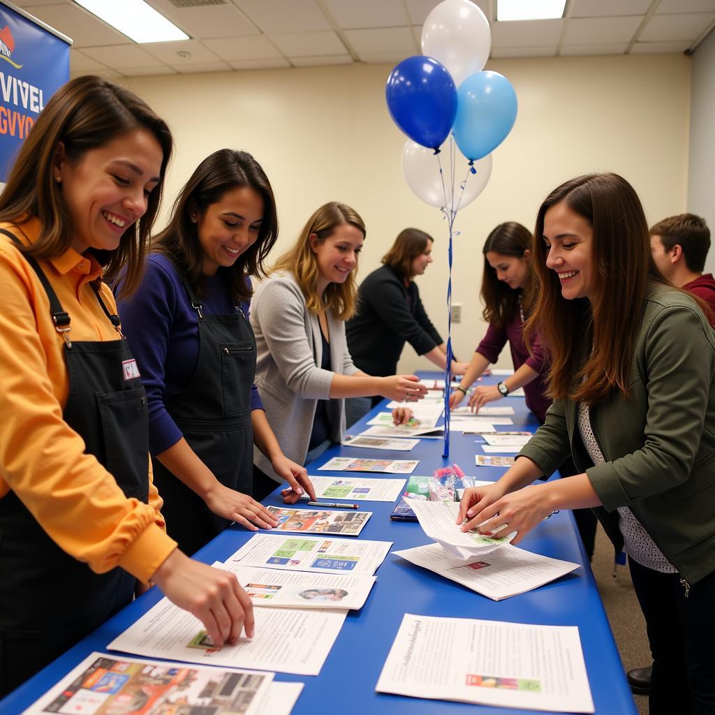 Volunteers preparing for an MS fundraising event, setting up tables and decorations.