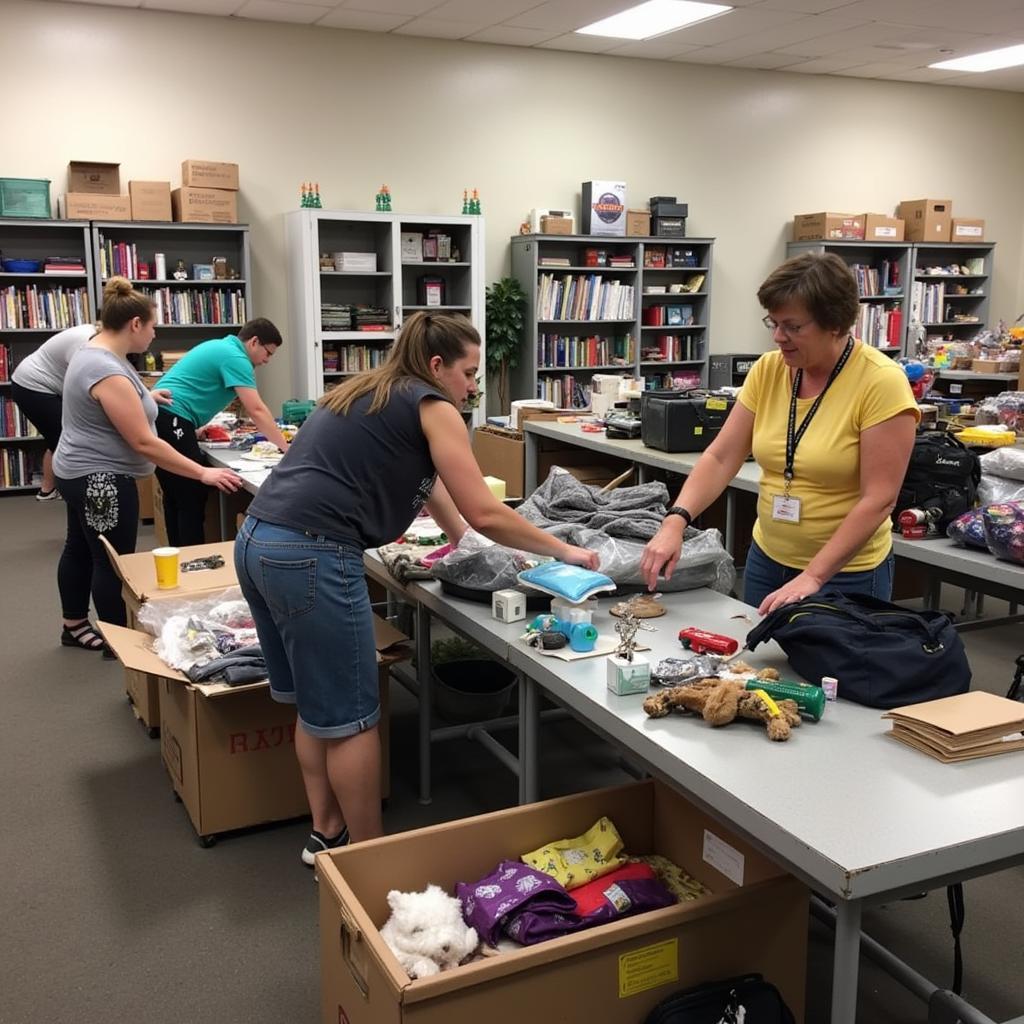 Volunteers smiling while sorting through donated items