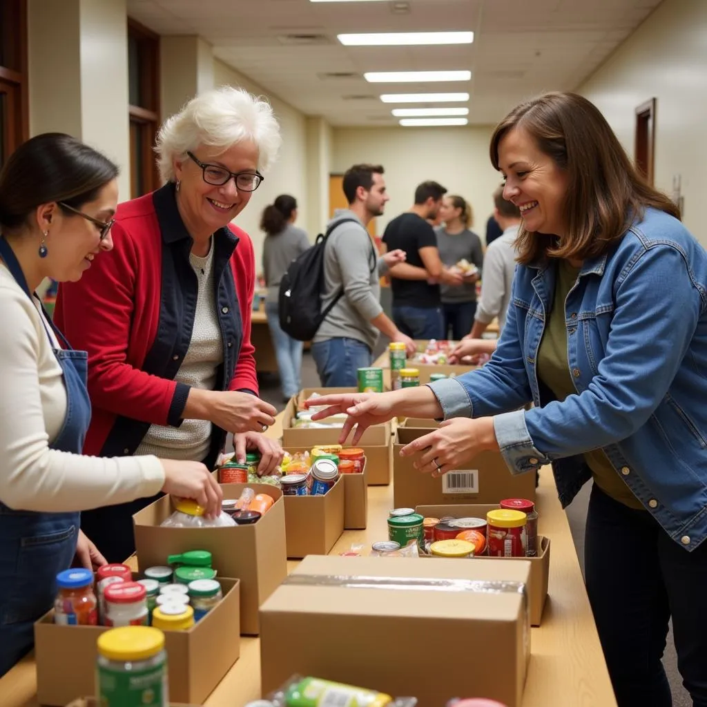 Volunteers from the Unitarian Society of Hartford working together to pack food donations