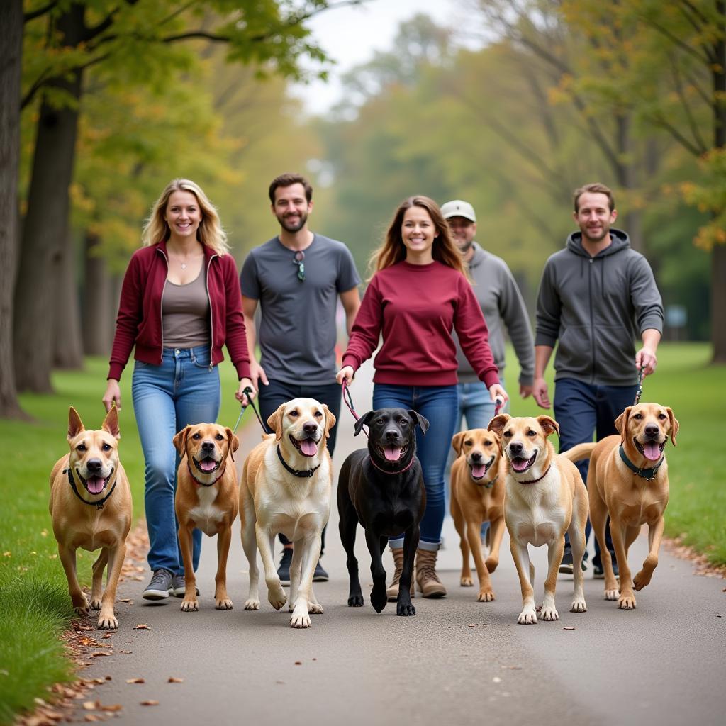 Volunteers walk a group of rescued dogs