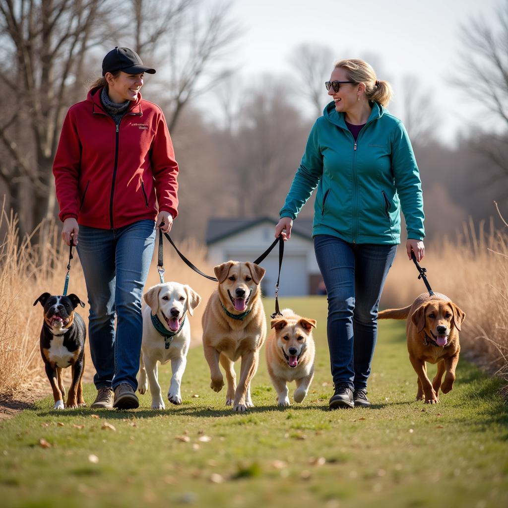 Volunteers walking dogs at Keokuk Humane Society 