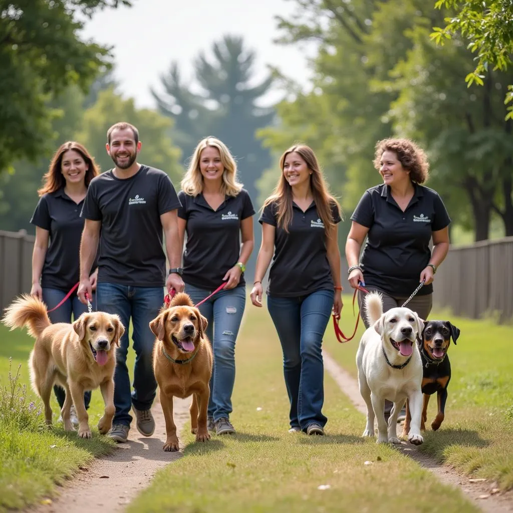 A group of volunteers, each with a leash in hand, are happily walking a variety of dogs of different breeds and sizes outside the Wellington Humane Society. The dogs are enjoying the walk and the attention from the volunteers.