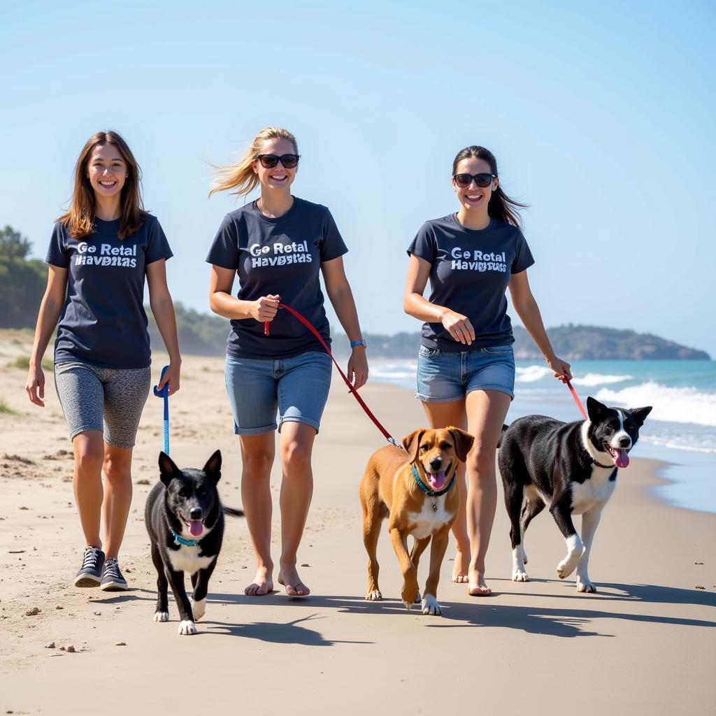 Volunteers Walking Dogs on Beach