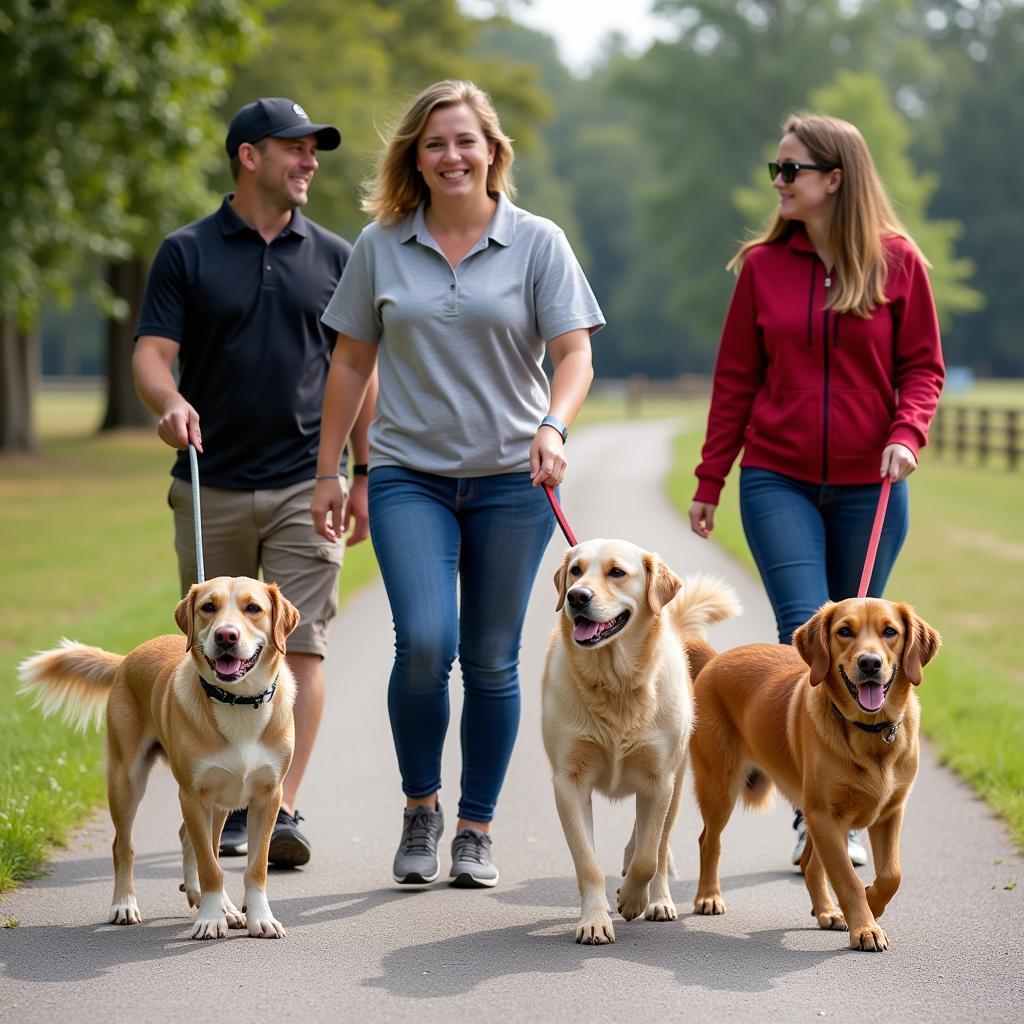 Volunteers walk a group of dogs from the Walker County Humane Society