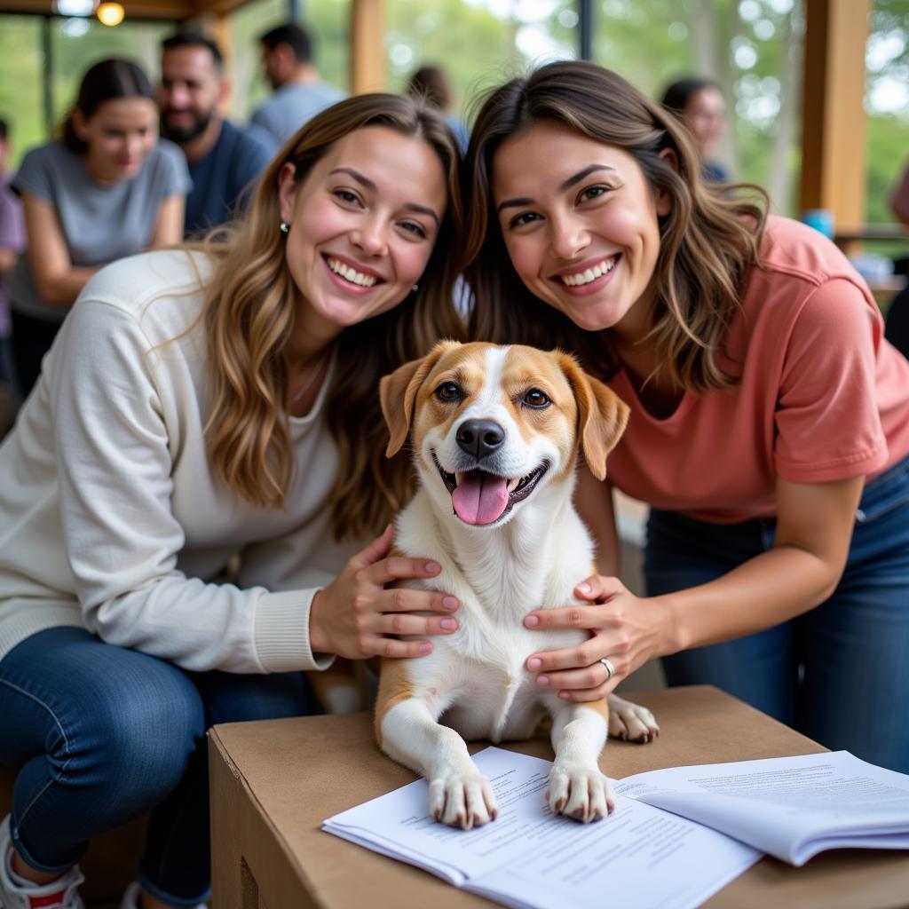 Smiling family adopting a dog at a Wallowa County Humane Society event