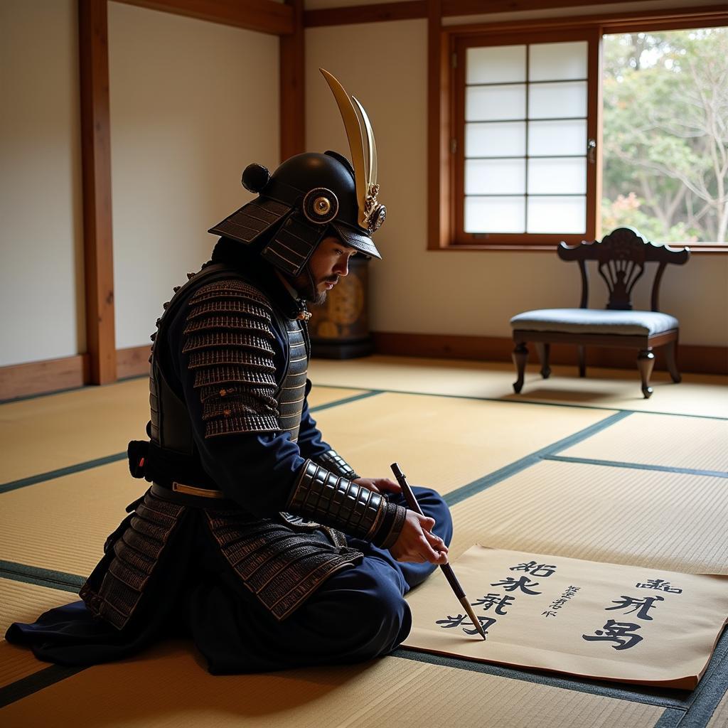 Samurai practicing calligraphy