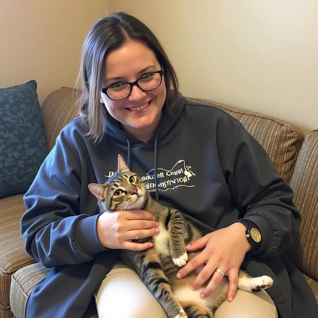 Volunteer cuddling a content cat at the Washburn County Humane Society