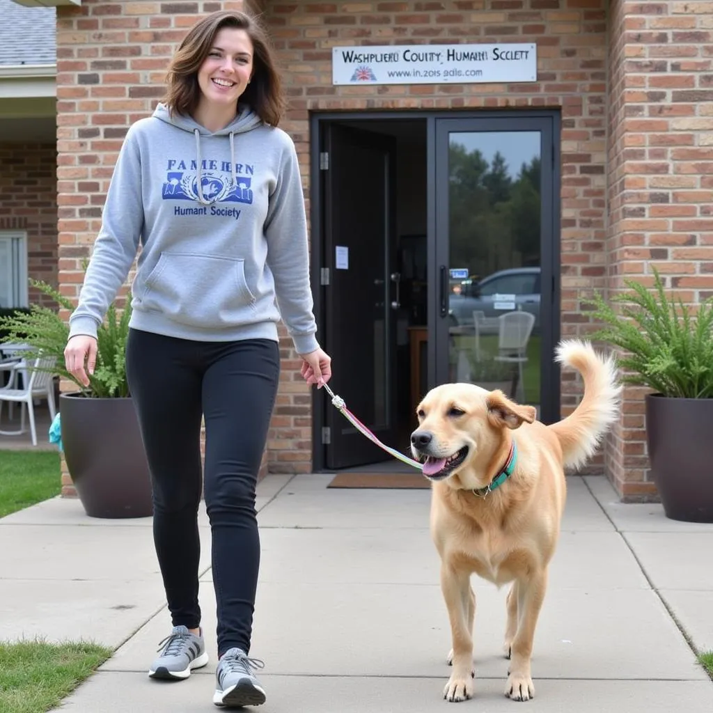 Volunteer walking a happy dog at the Washburn County Humane Society