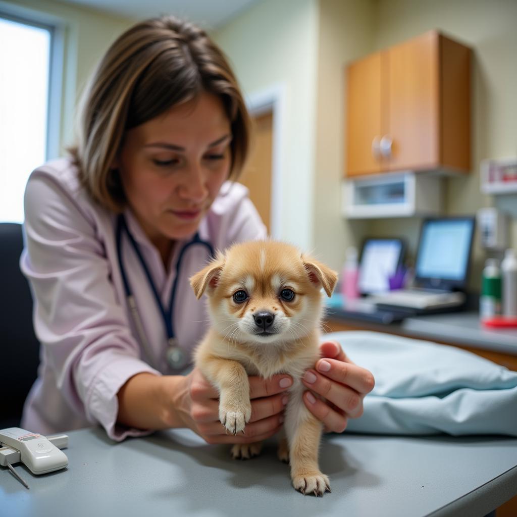 A caring veterinary technician examines a rescued kitten at the Washington Humane Society