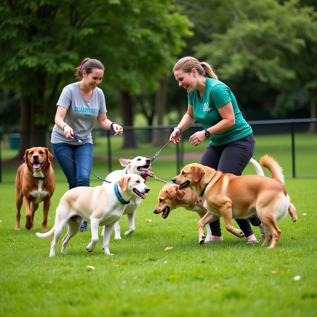 Volunteers socialize with playful dogs at the Washington Humane Society's spacious dog park