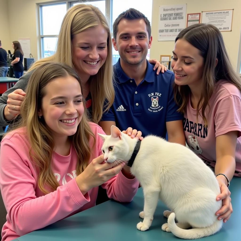 A family meeting a cat at a Waterville Area Humane Society adoption event.