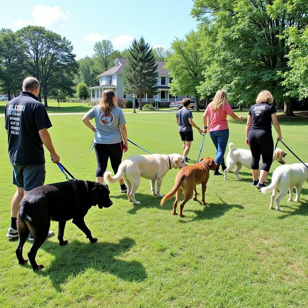 Volunteers walking dogs at the Waterville Area Humane Society.