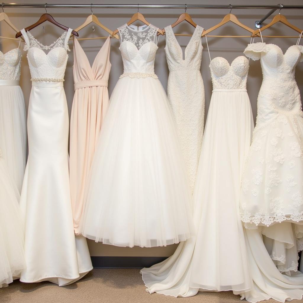 A diverse range of wedding dress styles at Belle Vogue Bridal in Lenexa