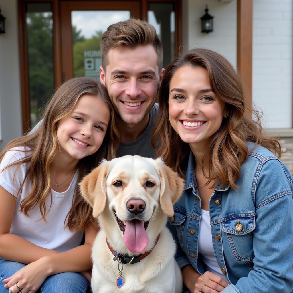 A family smiles with their newly adopted dog from the Weld County Humane Society