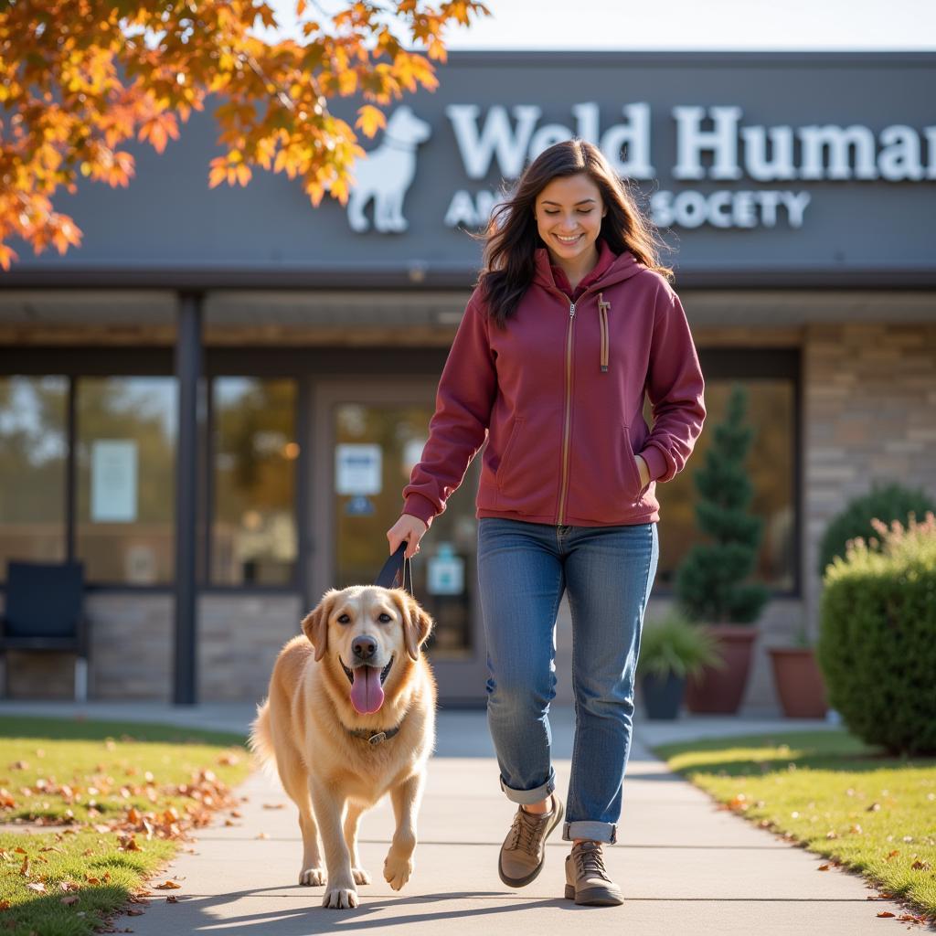 Volunteer walking a dog at Weld Humane Society