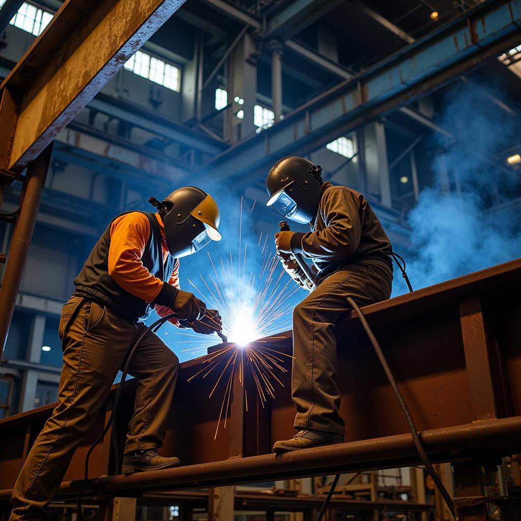 Welders meticulously joining steel beams.