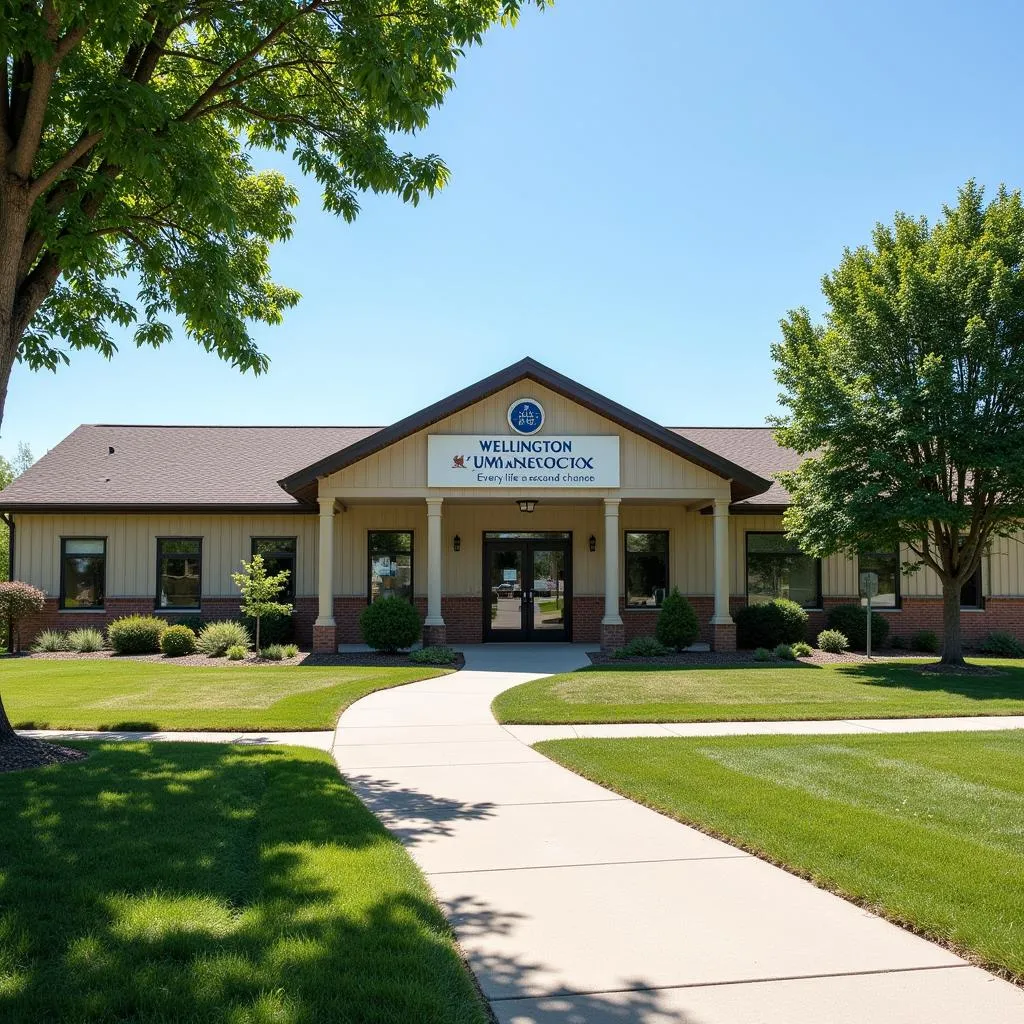 The Wellington Humane Society building with a sign that reads "Every life deserves a second chance."