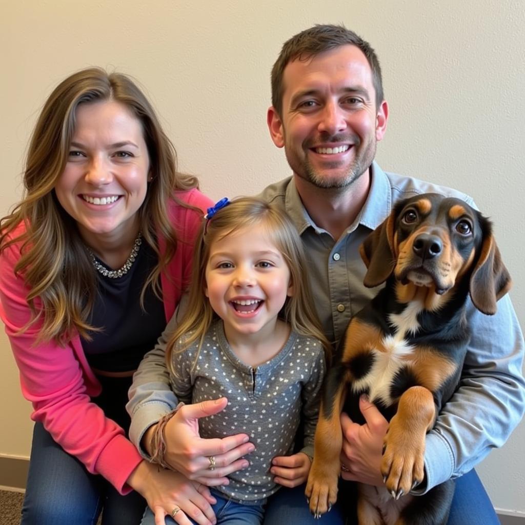 A happy family holding their newly adopted dog at the West Jefferson Humane Society.