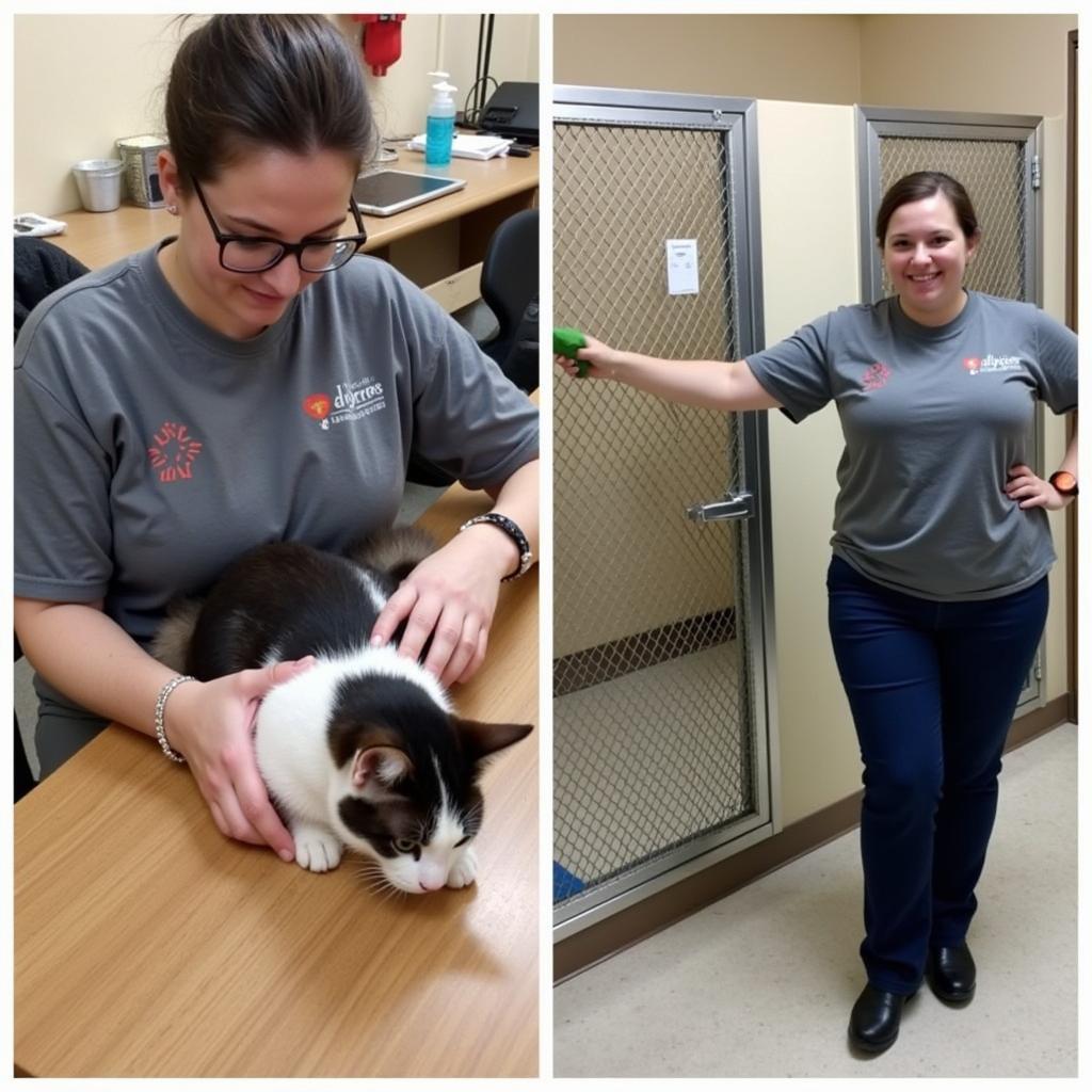 Volunteers at the West Jefferson Humane Society socializing with cats and cleaning kennels.